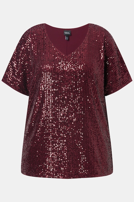Pailletten-Shirt, Oversized, V-Ausschnitt, Halbarm