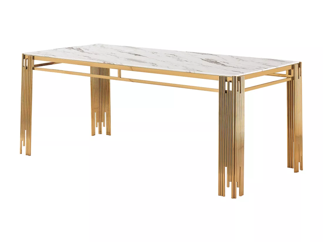 Table 6 à 8 couverts flute gold plateau en verre effet marbré blanc 180 cm