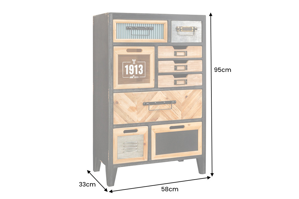 Industrial Schubladenschrank SECRETS 95cm natur braun schwarz Metall Pinienholz Kommode