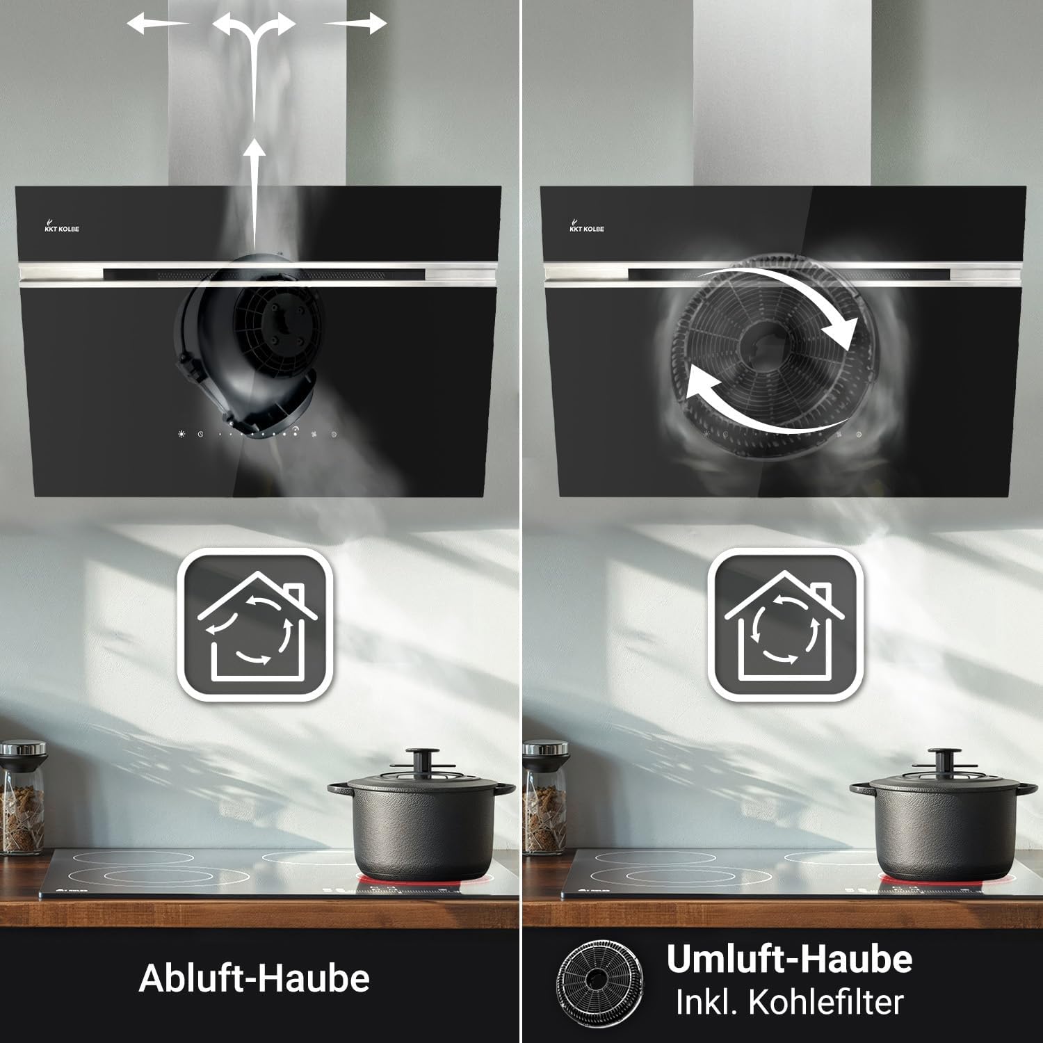 KKT KOLBE A+++ Dunstabzugshaube 60 cm 782 cbm/h Umluft Abluft Kopffrei Wandhaube | Schwarz Silber Edelstahl | Glas | Nachlaufautomatik | Smart WiFi App WLAN | SensorTouch | RGBW LED | AURORA6005SE