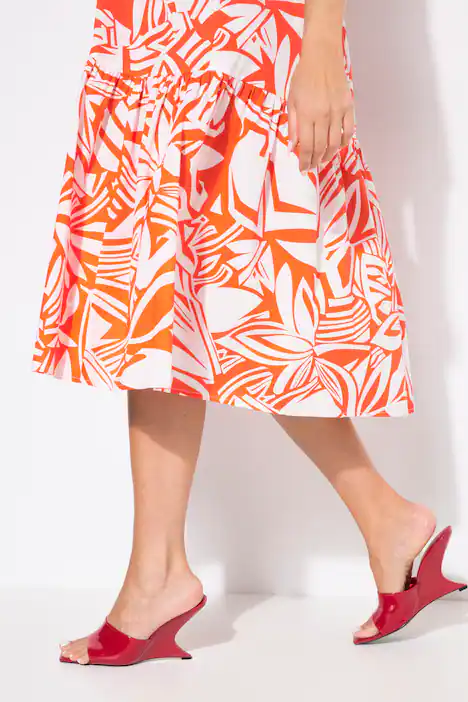 Midikleid, Blätter, Volants, Tunika-Ausschnitt, 3/4-Arm, paprika
