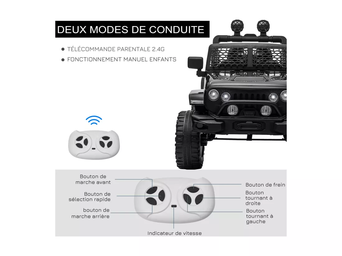 Voiture 4x4 électrique enfant 2 moteurs 35 W 5 Km/h max. télécommande incluse effets lumineux sonores noir