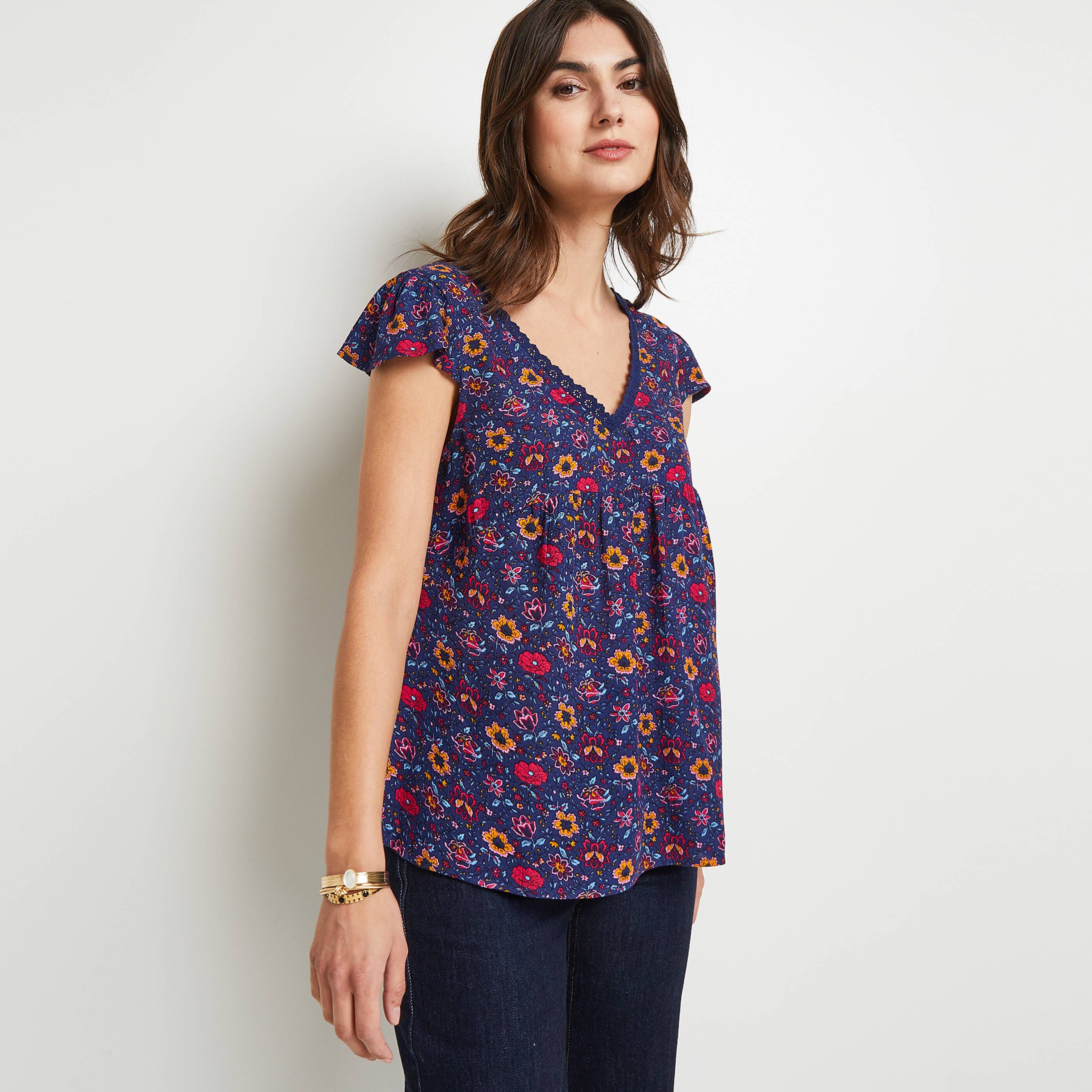 Blouse manches courtes col V - MARINE