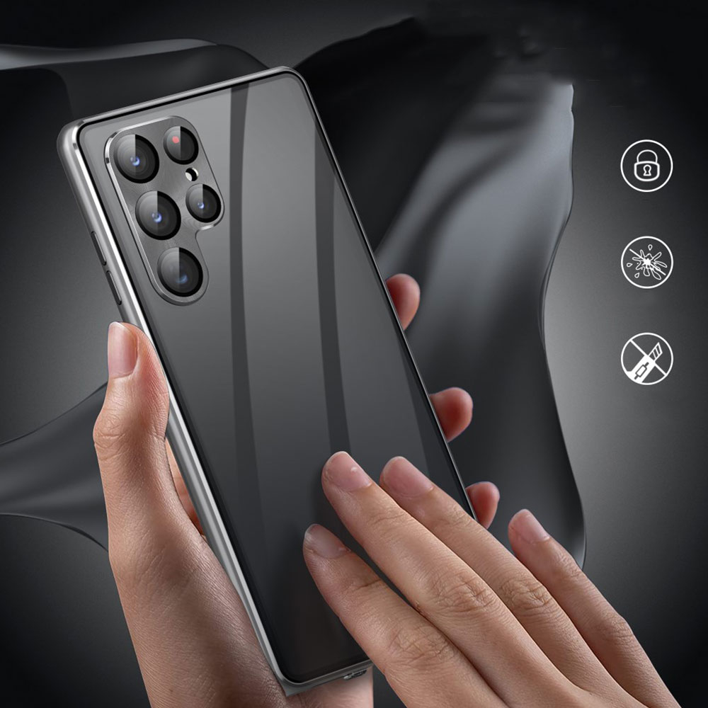 Samsung Galaxy S23 Ultra 5G Magnetische Alu Schutzhülle mit Panzer Glas Backcover   Display- / Kameraglasschutz (Verschlussmechanismus) - Silber
