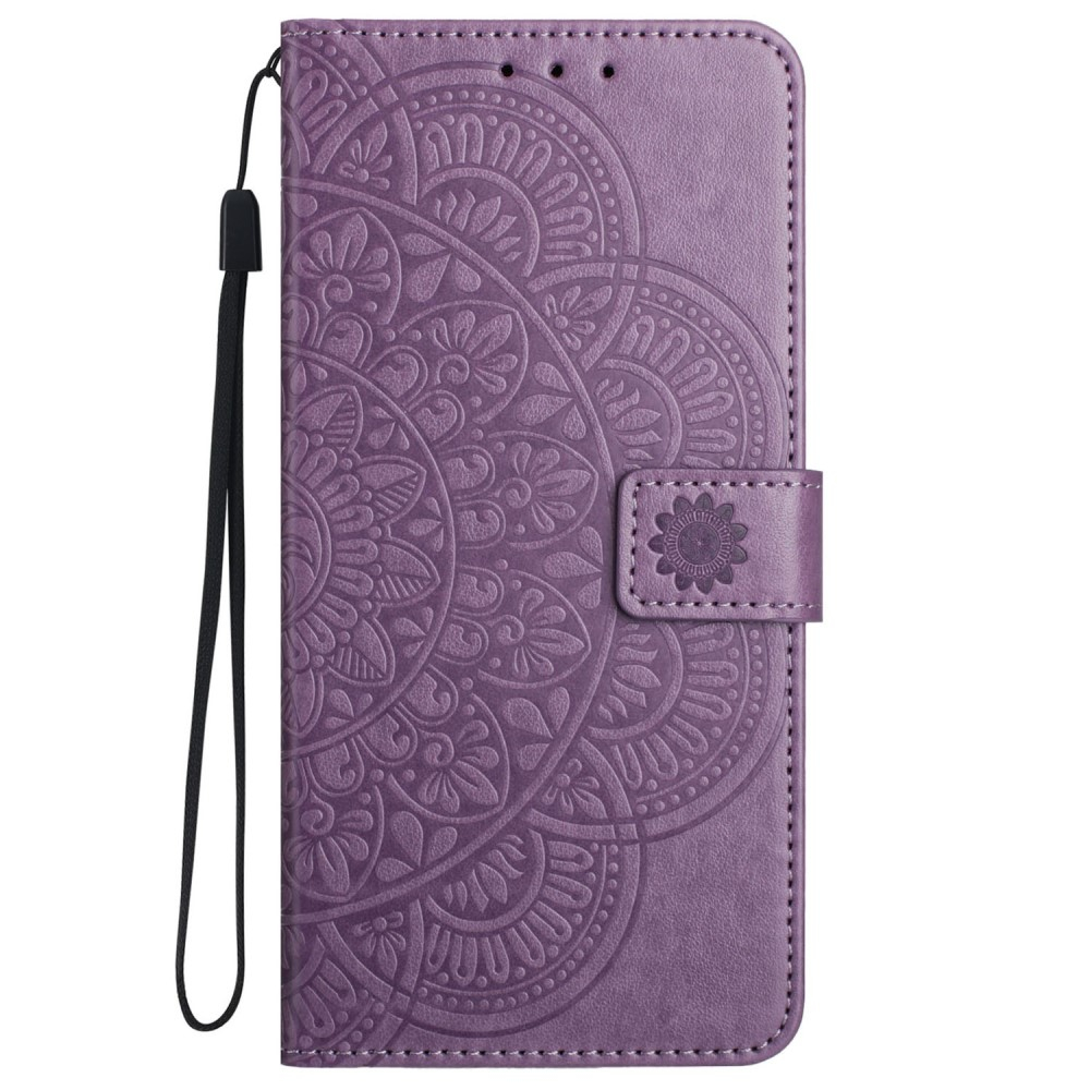 iPhone 16 Pro Max Leder Tasche Wallet - Mandala Flowers Imprint - Lila