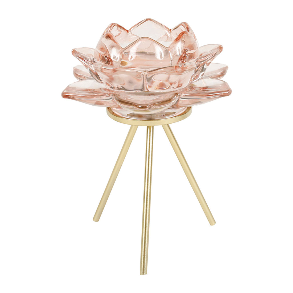 Photophore fleur rose verre et métal 10x17x10cm