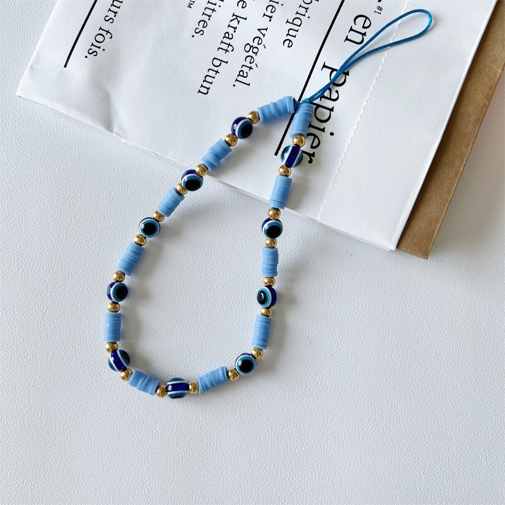 (21cm) Universal Handy Kette Phone Charms Schmuck Anhänger Handgelenkschlaufe mit Nazar Auge - Blaue Steine