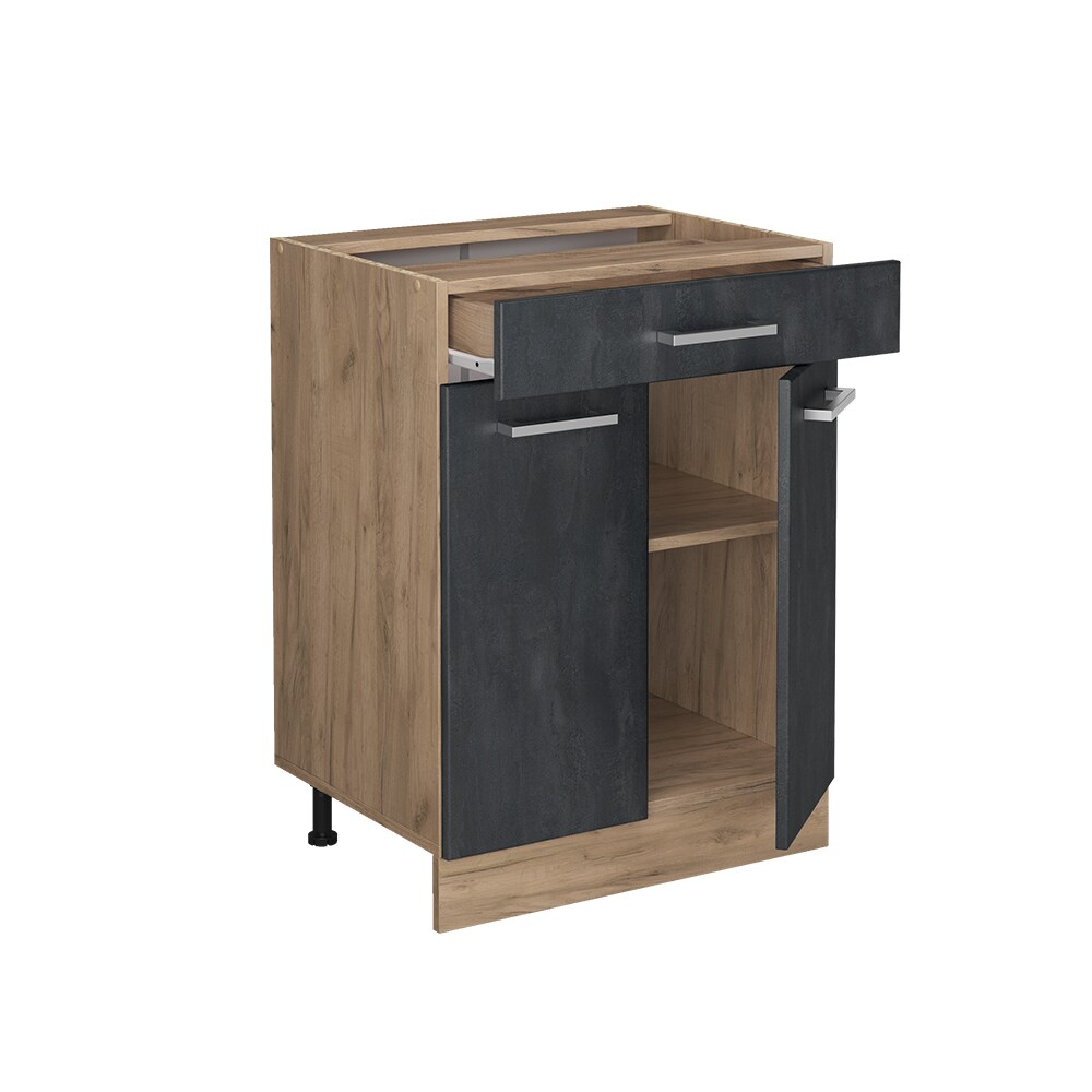 Vicco Schubunterschrank R-Line Schwarz Beton Eiche 60 cm mit Arbeitsplatte Anthrazit