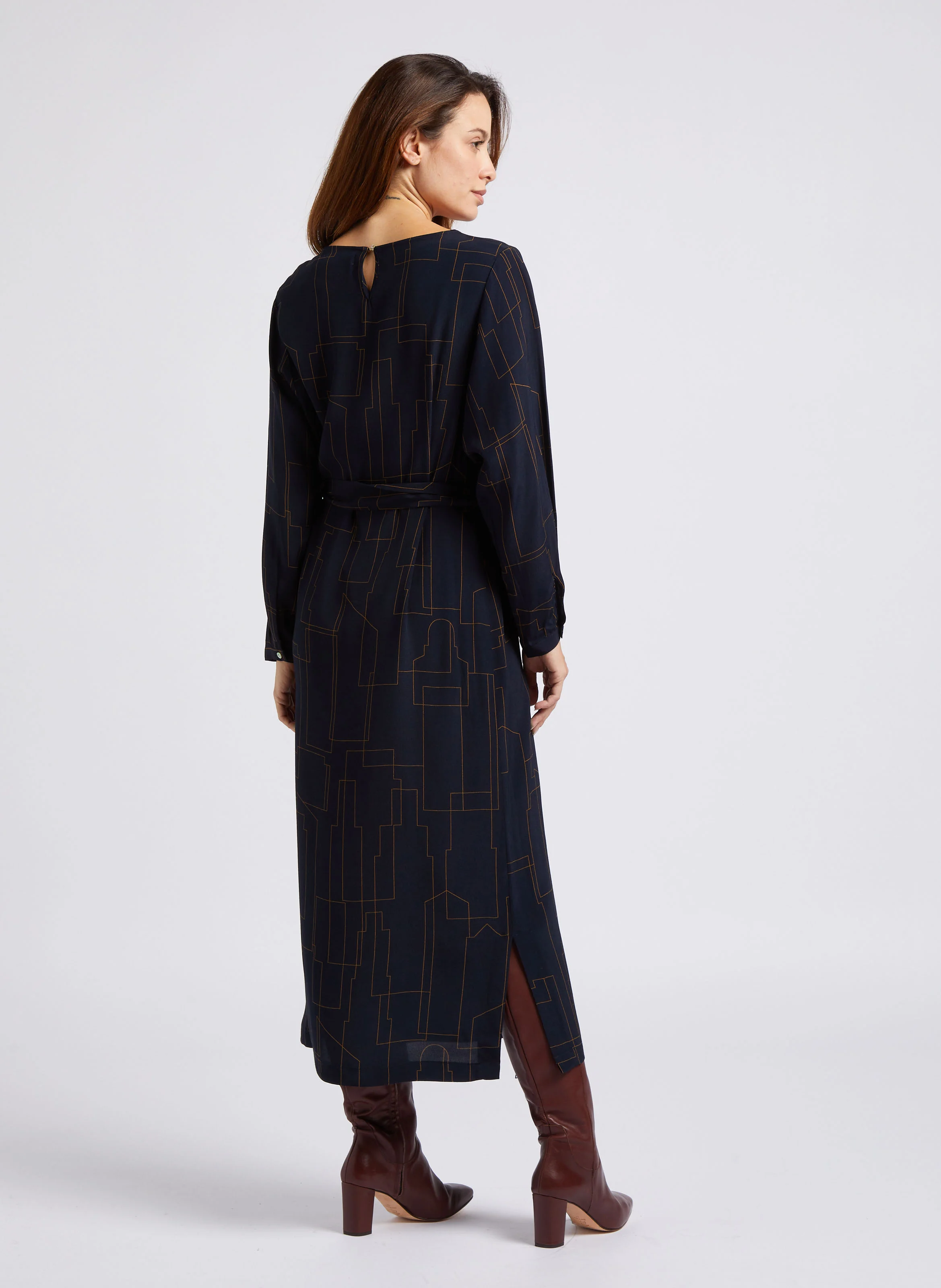 Robe midi col bateau imprimée| Bleu