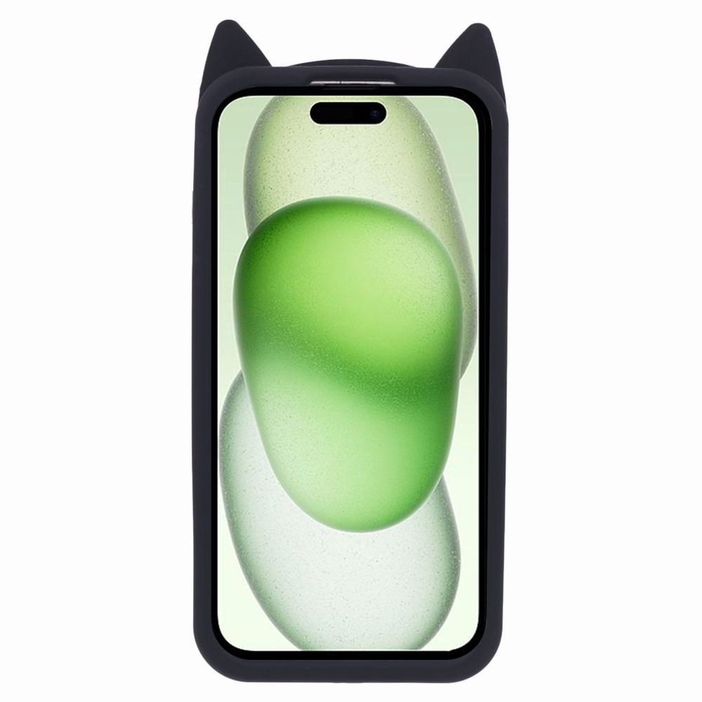 iPhone 15 3D Silikon Case Hülle mit Süssen Katzenohren - Schwarz