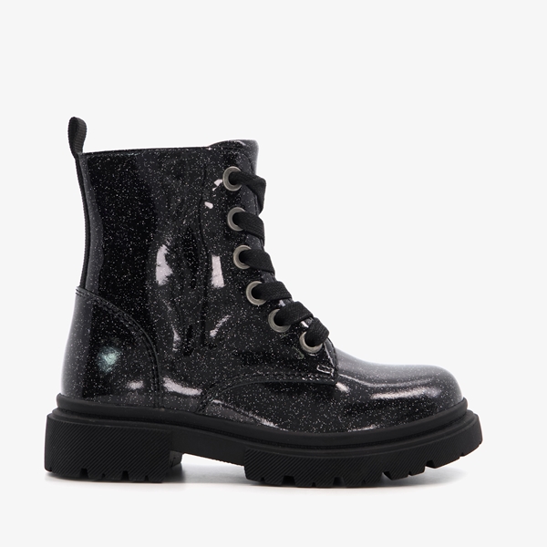 TwoDay leren meisjes veterboots met glitter zwart