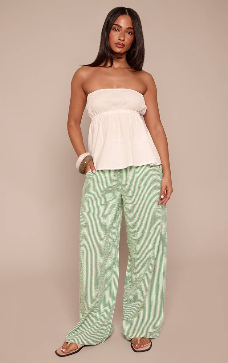 Vert Pantalon Petite À Rayures Aspect Lin Taille Élastiquée