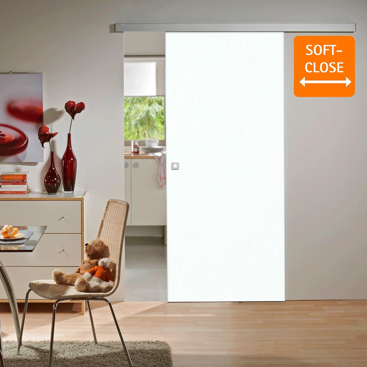 Houten schuifdeur, wit, 900x2035 mm, binnendeur, houten deur, schuifdeursysteem - vierkante greep + 2-zijdige softclose
