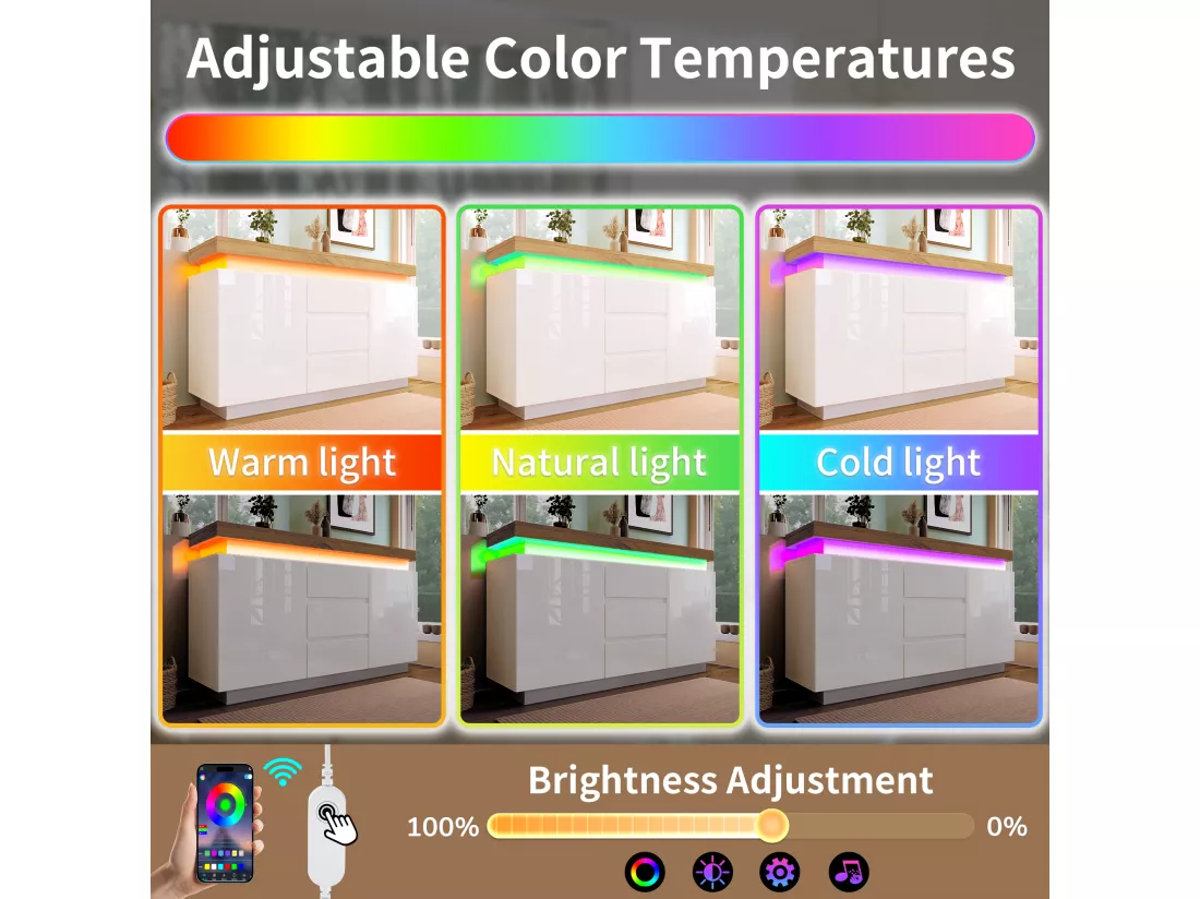 Commode avec LED - 3 tiroirs et 2 portes avec étagères réglables - Blanc