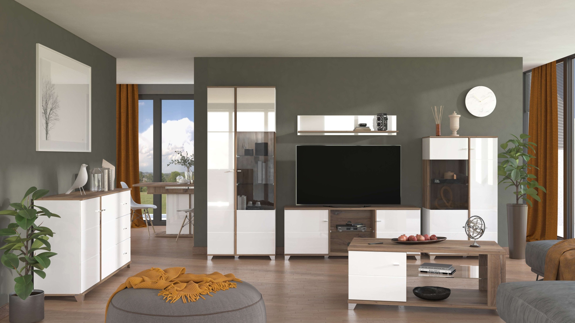 INOSIGN Highboard »Burgundy Sideboard, Stauraumschrank, Anrichte, Hochschrank, B93cm« Hochglanzfronten und eine Innenausstattung in Flagstaff Eiche