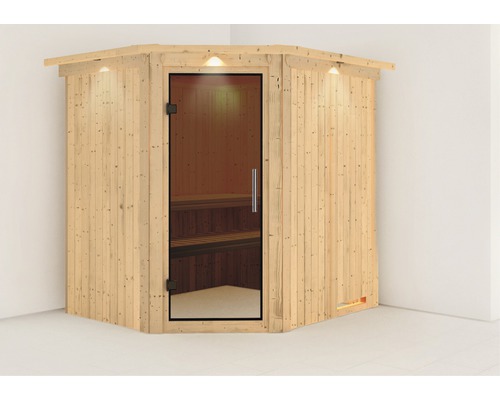 Plug & Play Sauna Karibu Achat VII zonder kachel, met dakrand en grafietkleurige volledig glazen deur