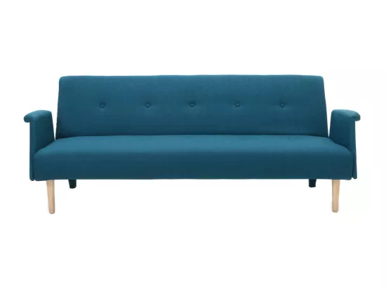 Canapé convertible scandinave 3 places en tissu bleu canard et bois clair OSCAR
