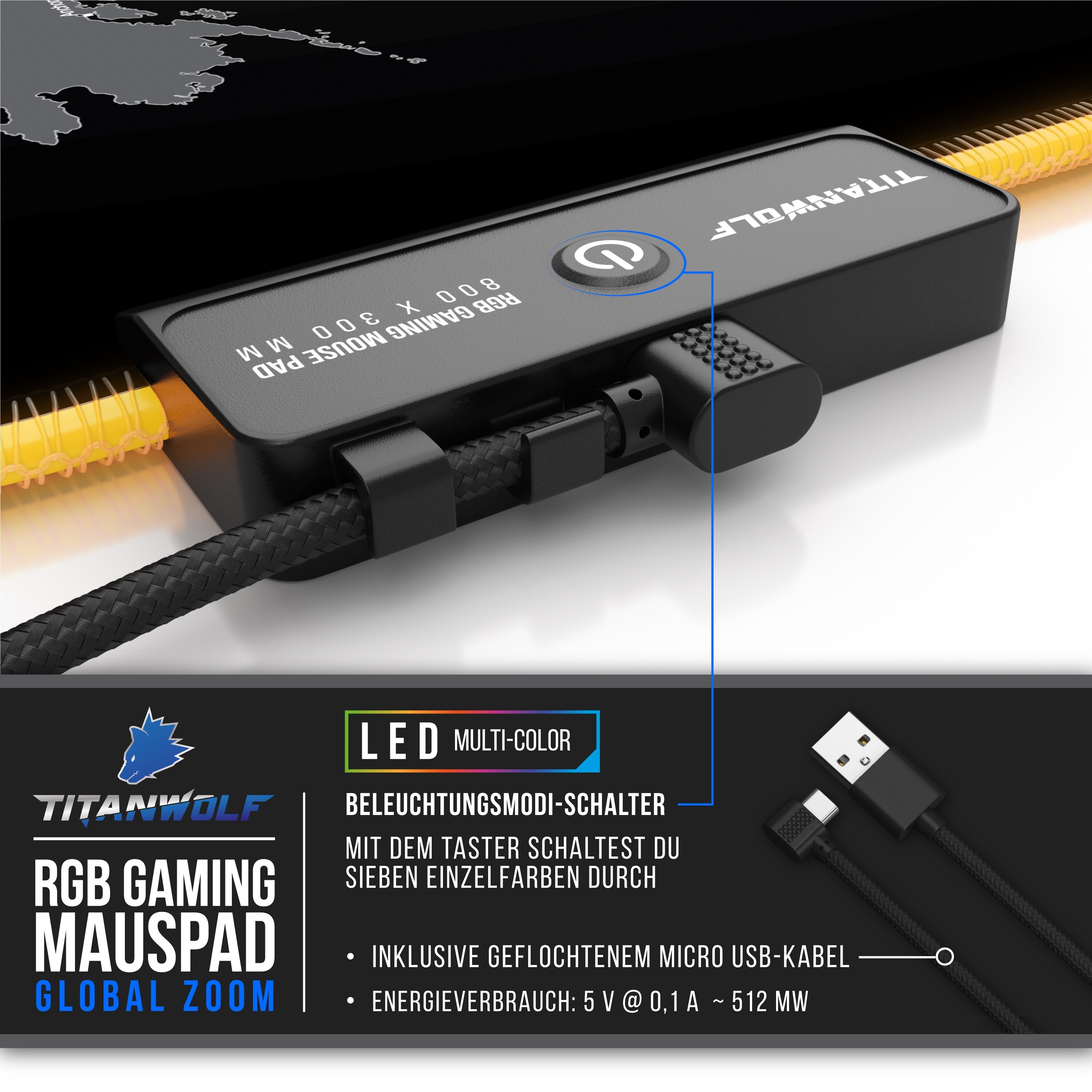 Titanwolf RGB Gaming Mauspad, Mousepad XL 800 x 300mm verbessert Präzision & Geschwindigkeit, Weltkarte