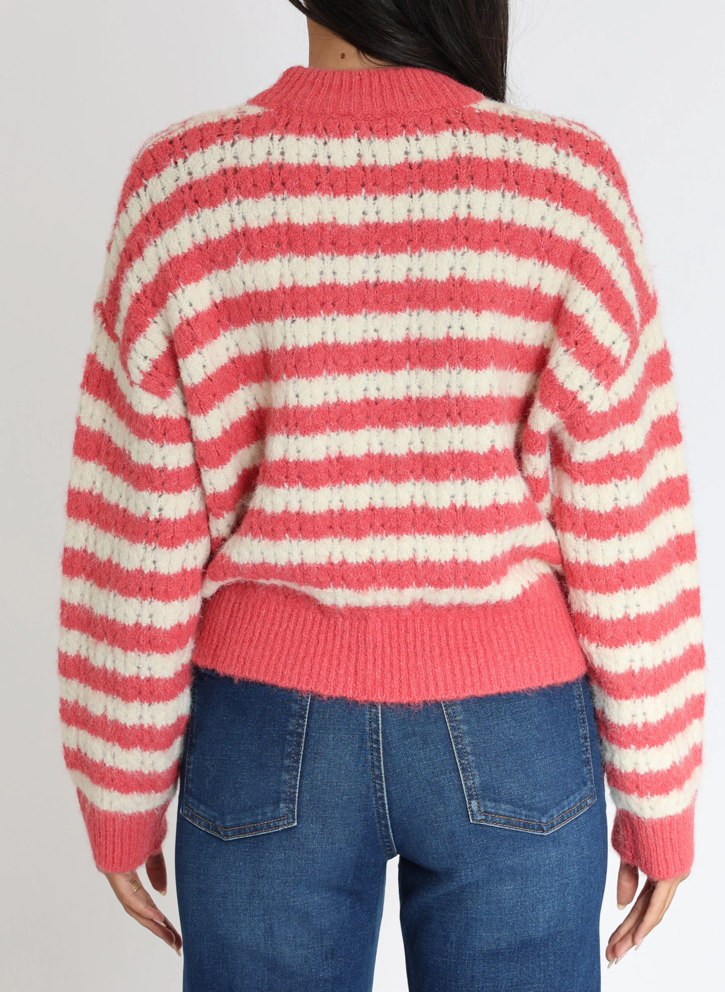 CENDY - Pull ample col rond rayé en maille mélangée | Rose