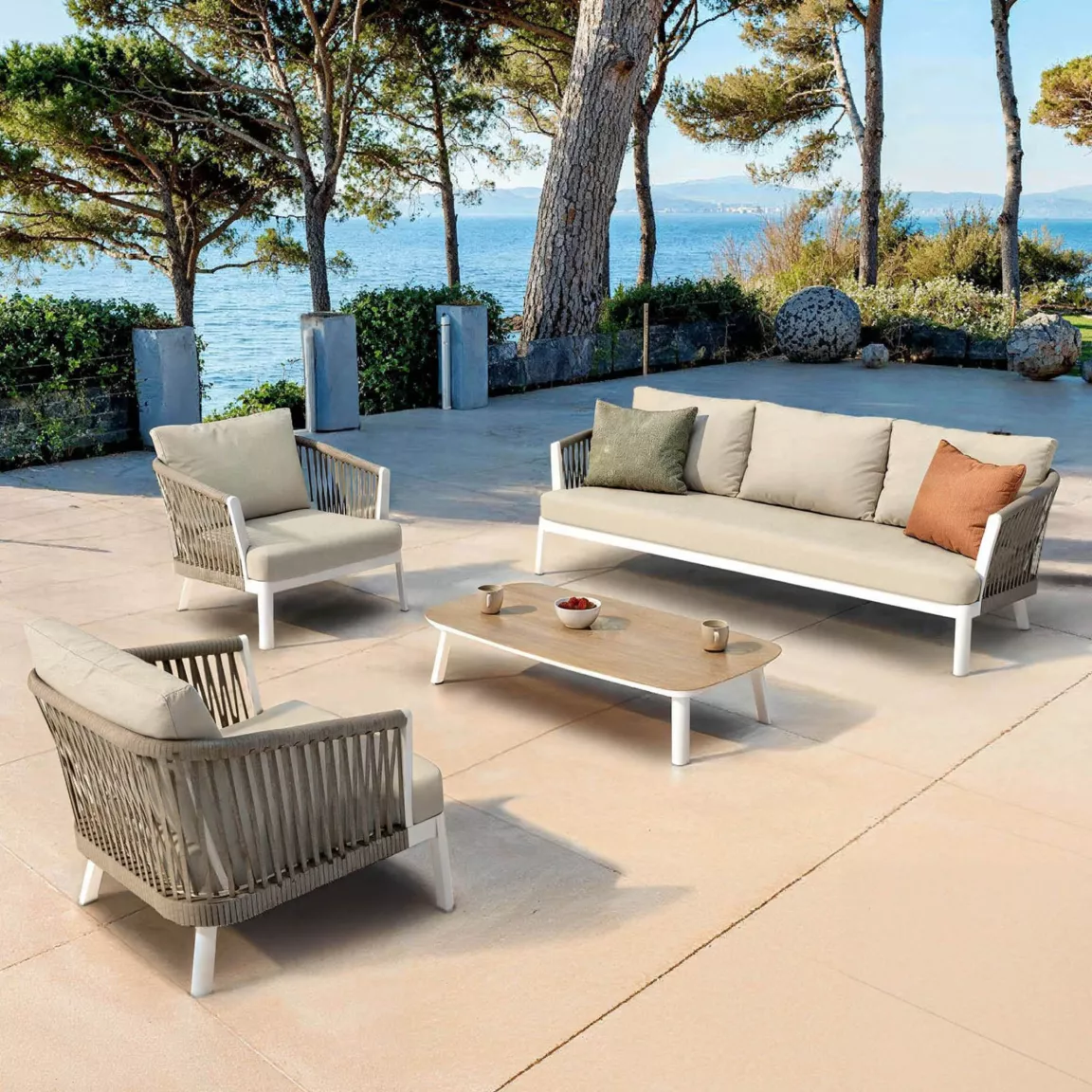 Canapé de jardin en aluminium 3 places Amalfi Blanc et beige