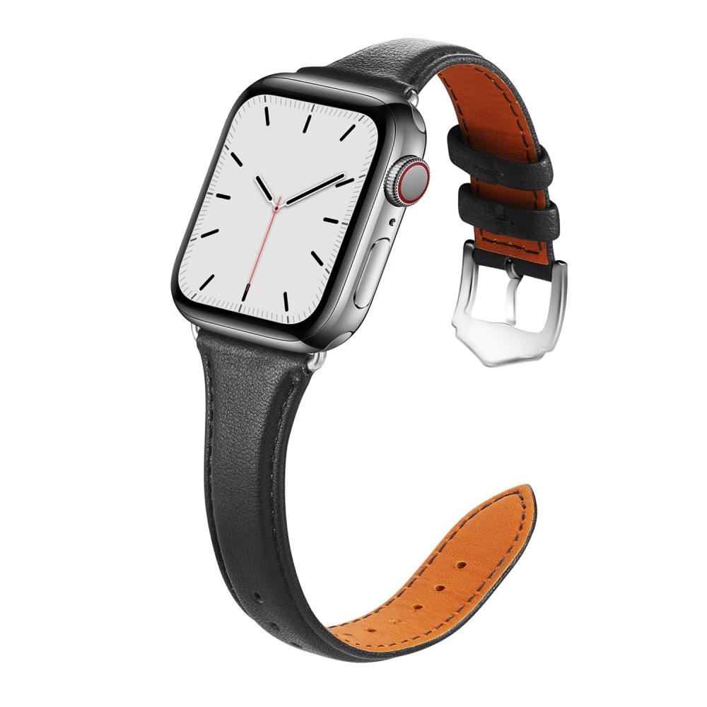 Changee - Apple Watch (42/41/40/38 mm) Echtleder Armband Slim mit Dornschliesse (Gelenkumfang: 175-210mm) - Schwarz / Silber