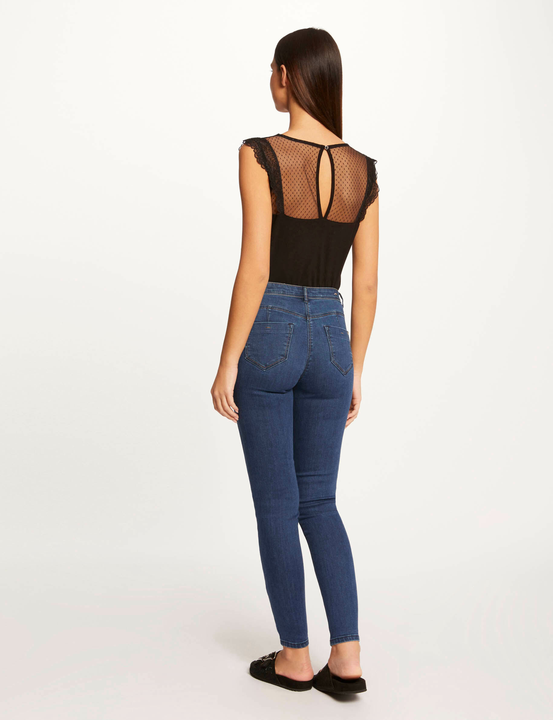 T-shirt manches courtes avec dentelle noir femme - noir