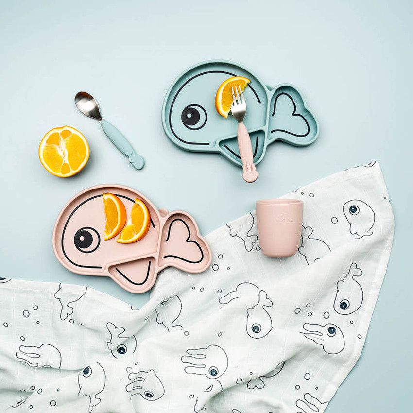 Set de 2 couverts Yummy Sea Friends - Bleu - Ecru
