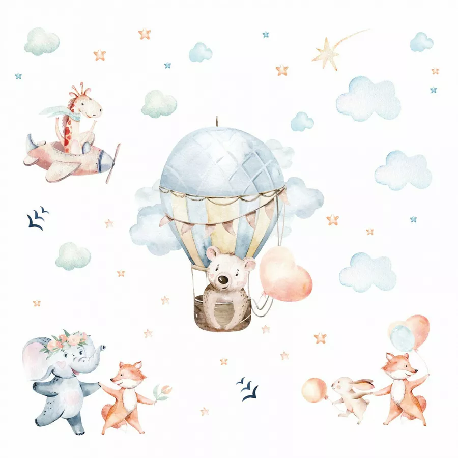 Nikima Wandtattoo 208 Ballon Aquarell Tiere Wolken Fuchs mit Ballon in 6 vers. Größen blau