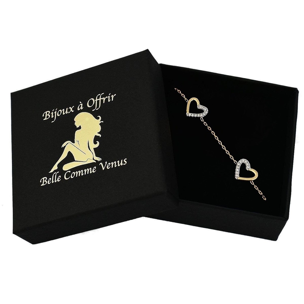 Bracelet 4 coeurs sertis d'oxyde de zirconium Plaqué OR 750 3 microns 2 tons