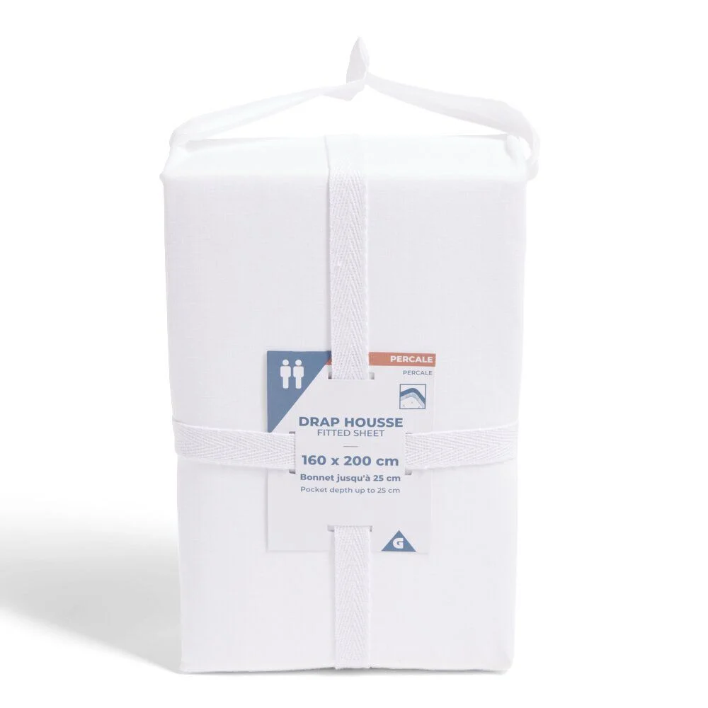 Drap housse 160x200cm 100% coton percale blanc