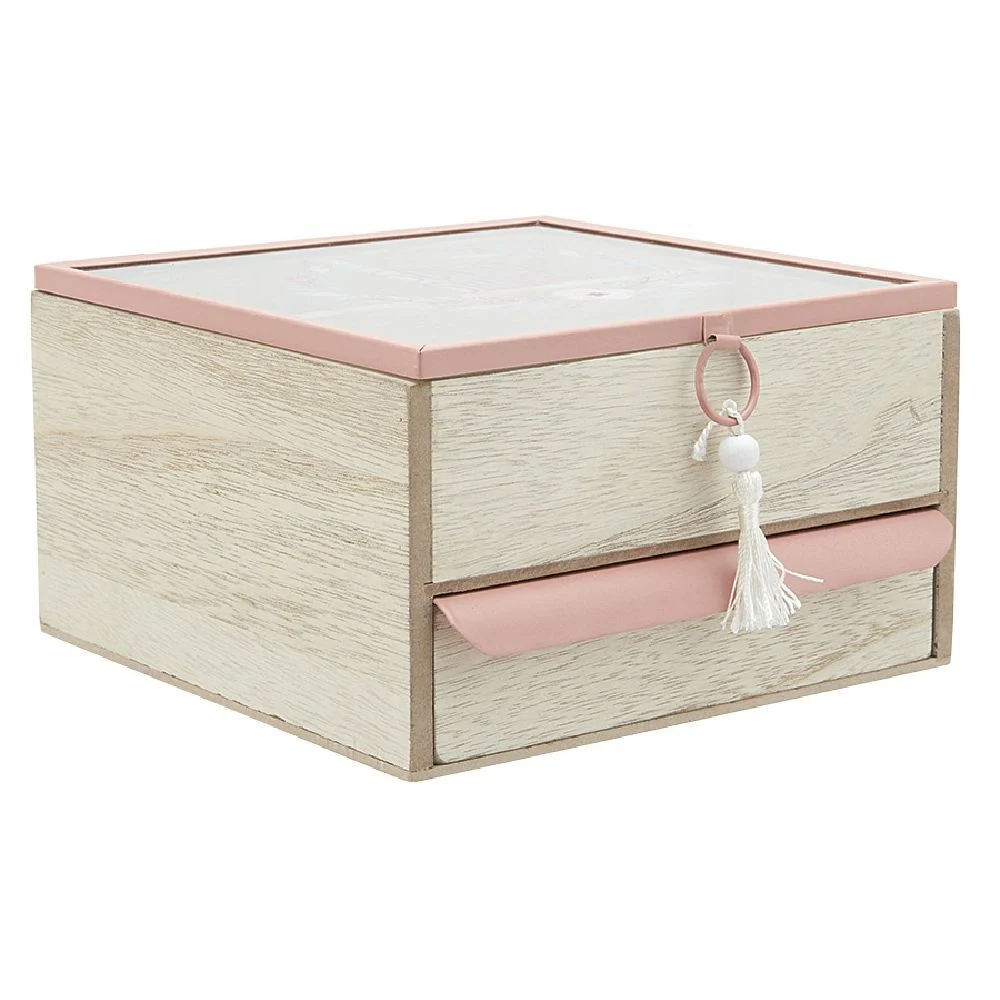 Boîte à bijoux 3 casiers et 1 tiroir naturel et rose