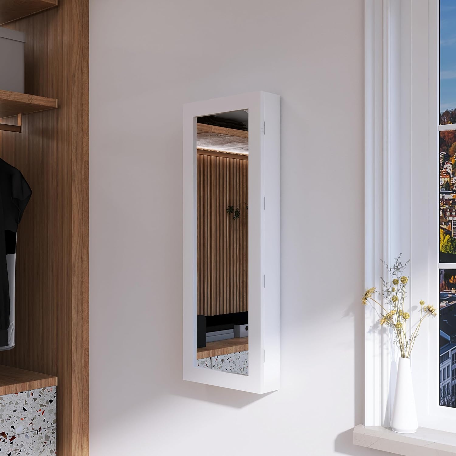 Slim Wall Mounted Ironing Board Cabinet, 180° schwenkbare Metallbasis & Spiegel, Faltbare Bügelbretter für Wäsche, Keine Montage erforderlich, platzsparend
