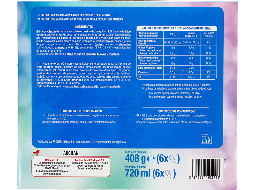 GELADO AUCHAN CONE NATA 6X120ML