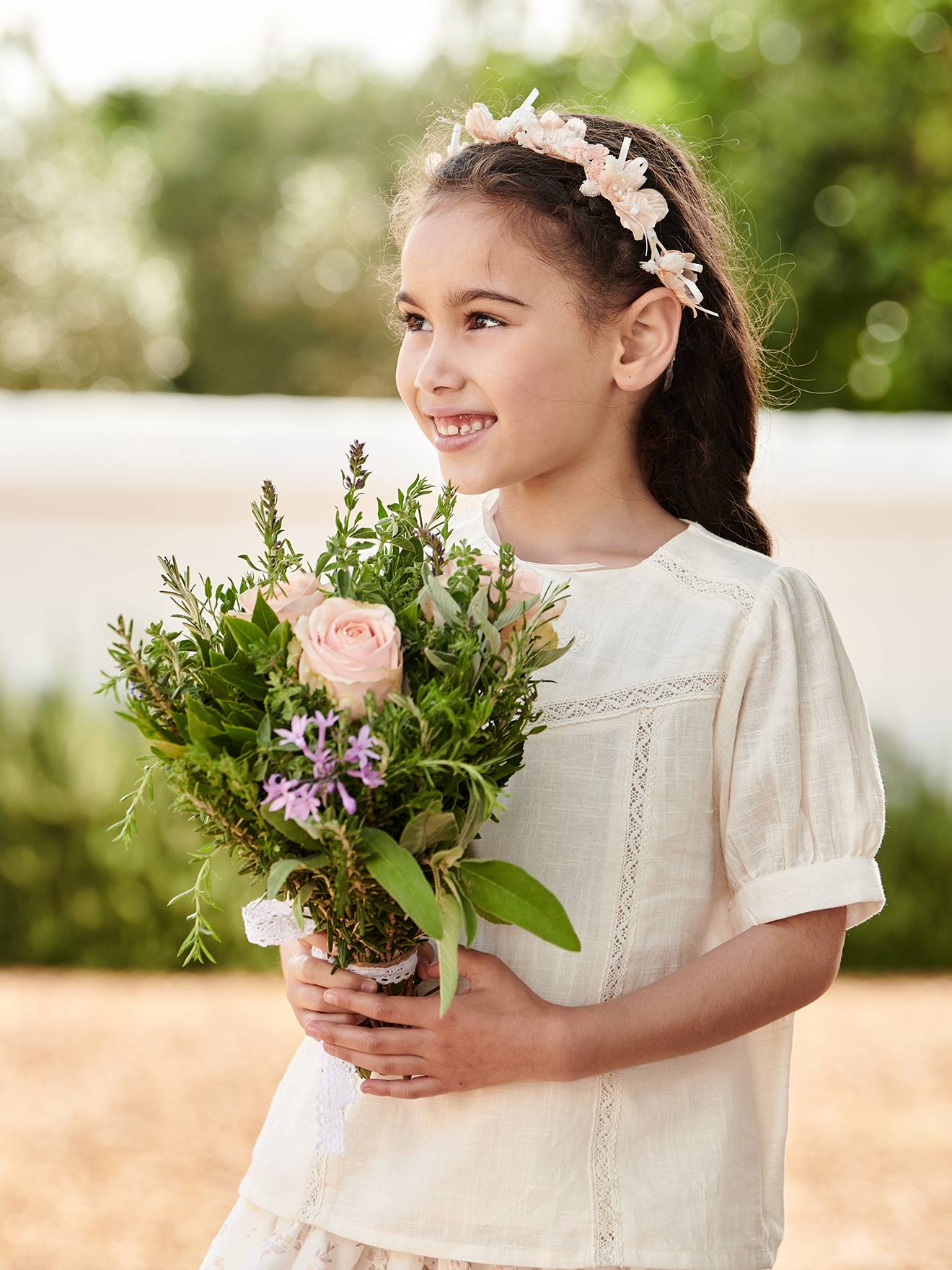 Blusa de renda com efeito linho cru para meninas