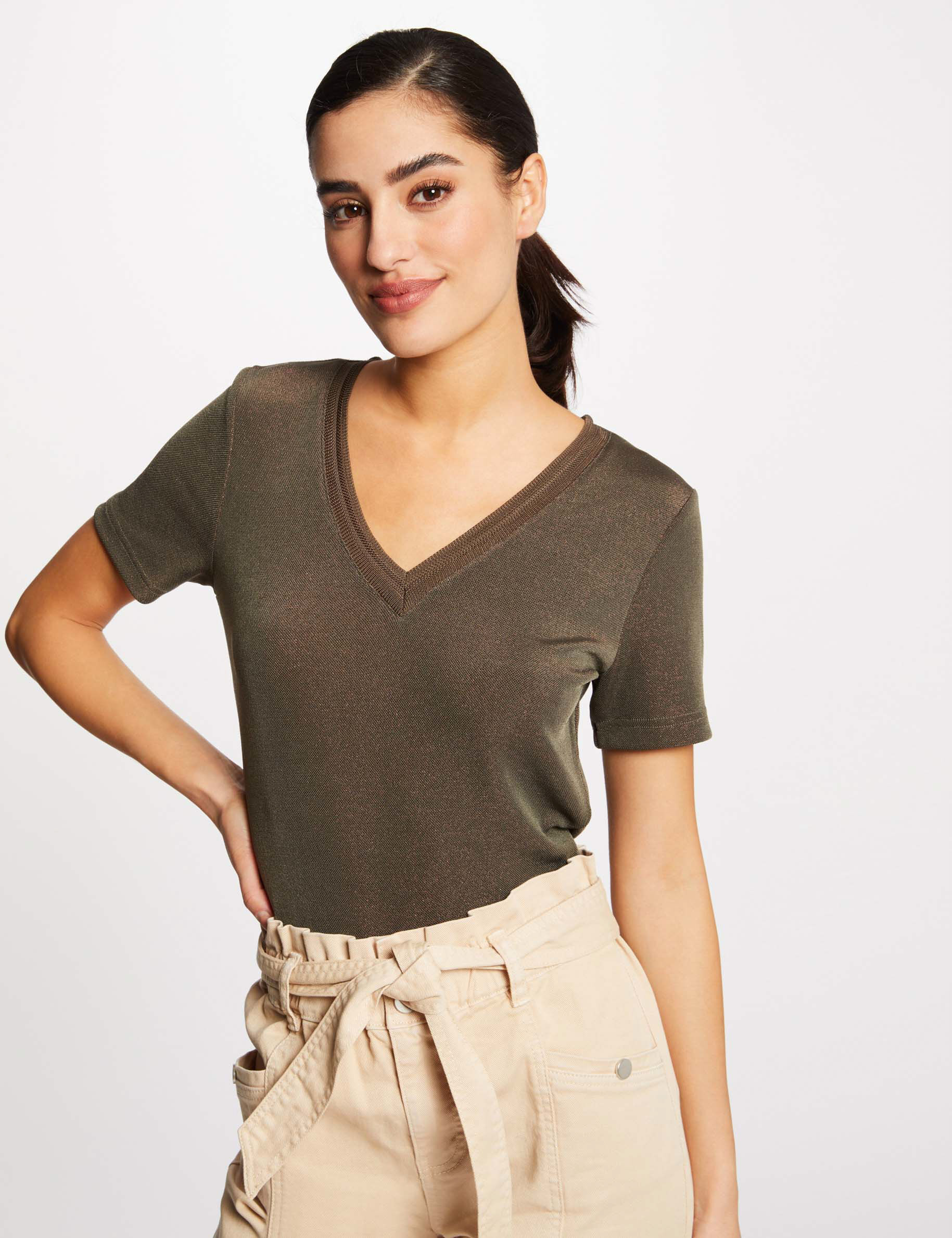 T-shirt manches courtes avec col en V taupe femme - taupe