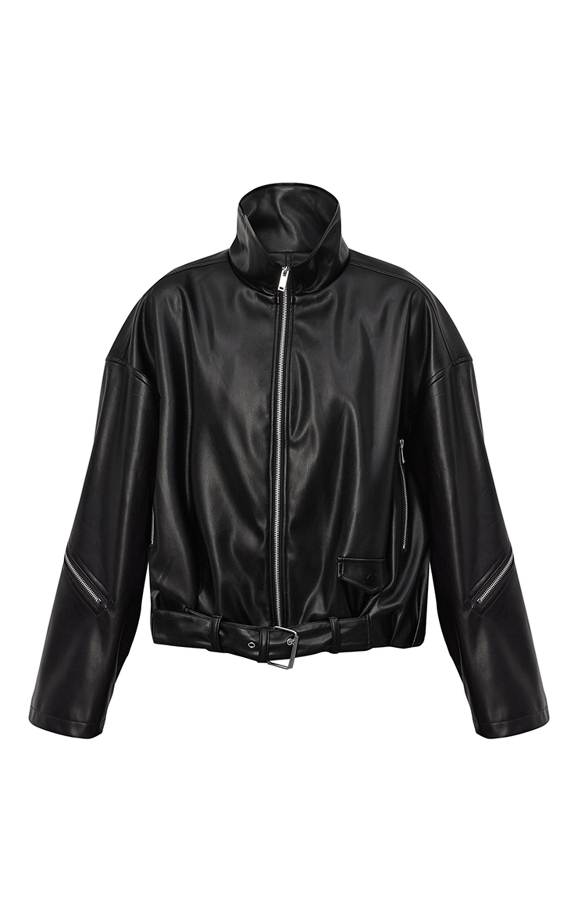 Noir Veste De Motard En Synthétiquecuir Froncé Avec Ceinture Basse