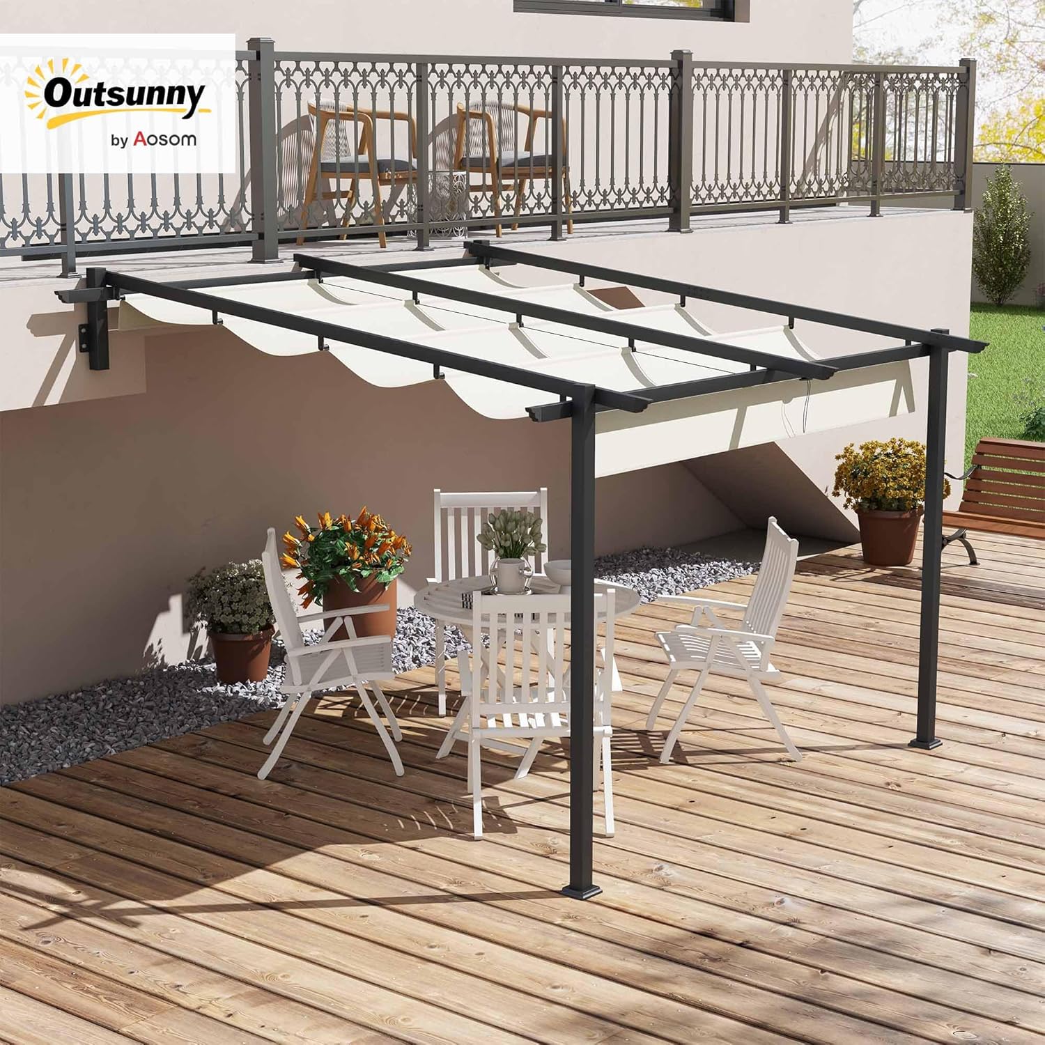 Outsunny Terrassendach Pergola ca. 3x3m Gartenpavillon aus Aluminium, Wandmontage Garten Pavillon mit Verstellbares Dach, Sonnenschutz Terrassendachung für Garten Terrasse, Cremeweiß