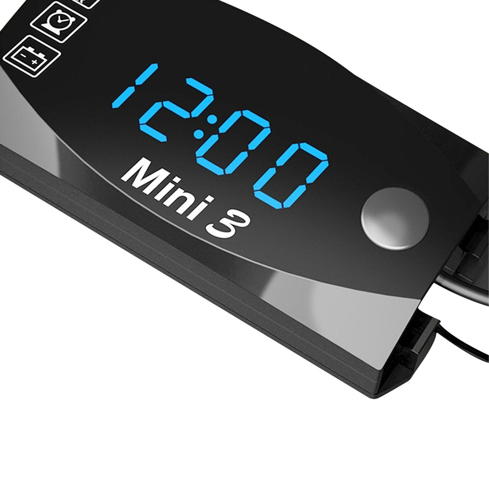 3in1 Motorrad Digital Uhr / Thermometer / Voltmeter LED Spannungsmesser IP67 - Schwarz / Blau