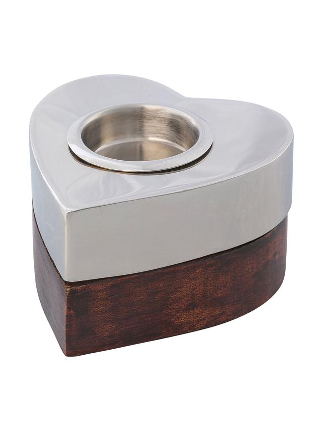 Edelstahl/Mangoholz Teelicht Herzform, 16 cm