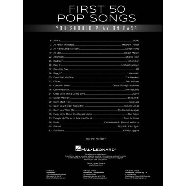 Hal Leonard First 50 Pop Songs Bass