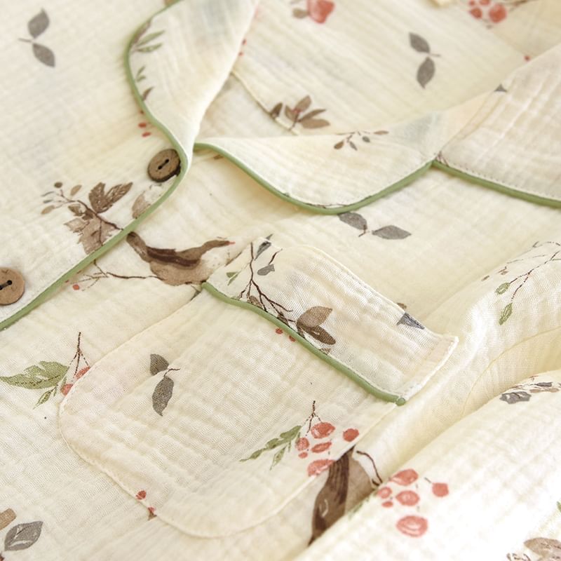 MelMount - Pyjamaset: overhemd met lange mouwen en bloemenprint + broek