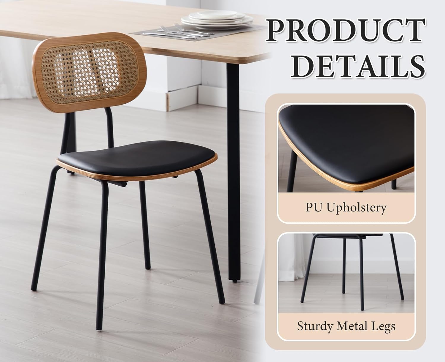 Rattan Esszimmerstühle 2er Set Rattanstuhl mit Metallbeinen Küchenstuhl aus Kunstleder Polsterstuhl für Esszimmer, Schwarz
