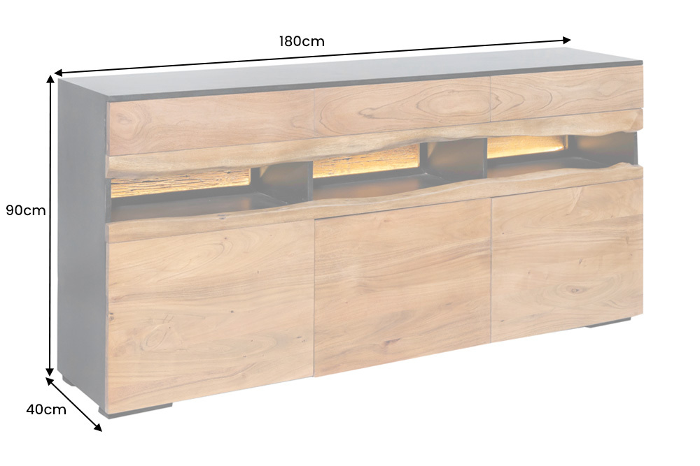 Massivholz Sideboard GRAND ACACIA 180cm braun Akazie mit LED-Beleuchtung Baumkante