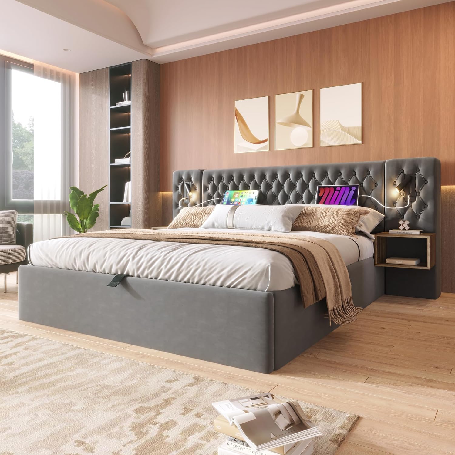 Polsterbett Doppelbett Bettanlage 180x200 cm, Schlafzimmer Komplett Set, Hydraulisch Stauraumbett mit 2x Nachtkommoden, LED Kopfteil Bett mit Leselicht & USB Ladefunktion, Samt, Ohne Matratze, Grau
