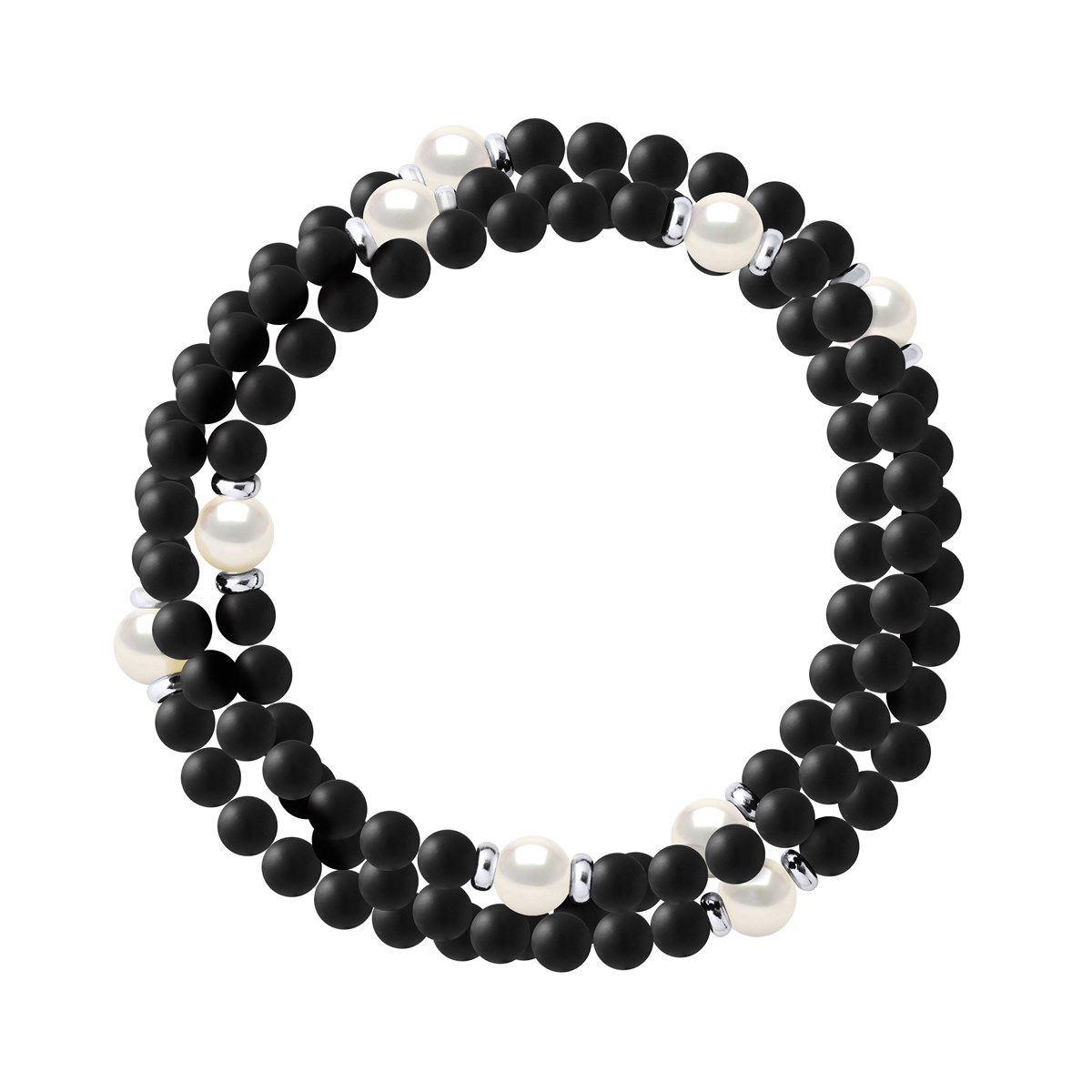 Bracelet Triple Rang SHAMAN, Véritable Perle de Culture Colori Blanc Nacré, Agate Noire Matte , Argent 925