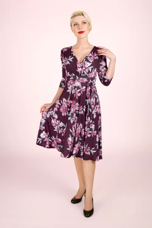 Vintage Chic for Topvintage Aria floral swing jurk in wijnrood