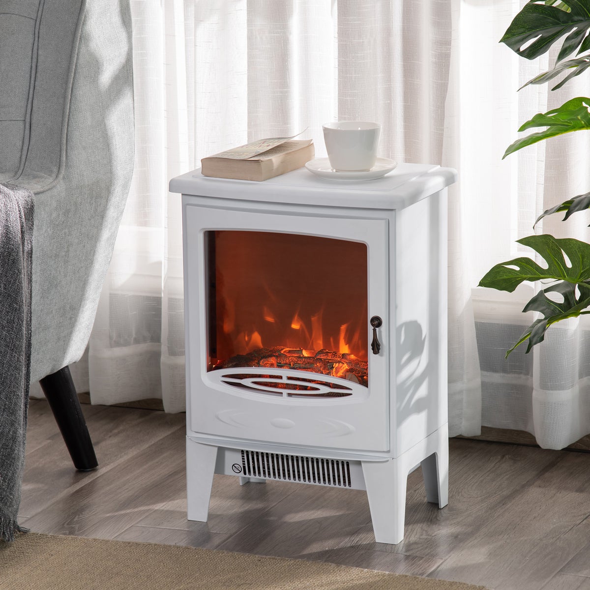 HOMCOM LED elektrische haard met vlameffect, 900/1800W, 39 x 26 x 54,8 cm, metaal, ABS-kunststof, glas, wit