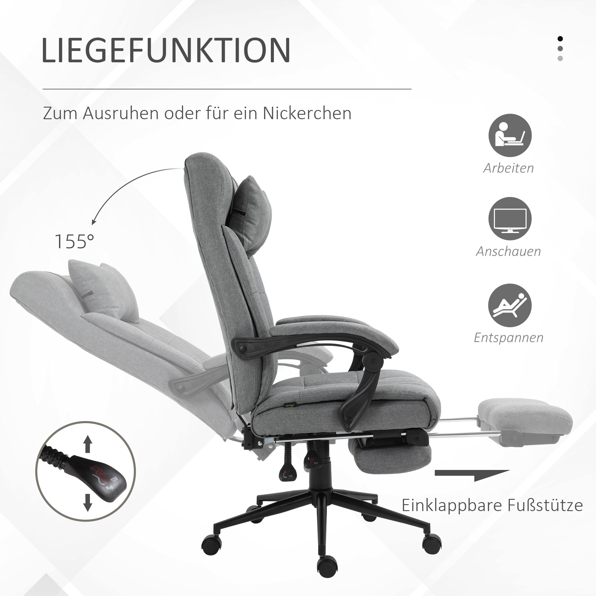 Vinsetto Bürostuhl Höhenverstellbar mit Fußstütze grau 66B x 70T x 116-124H cm