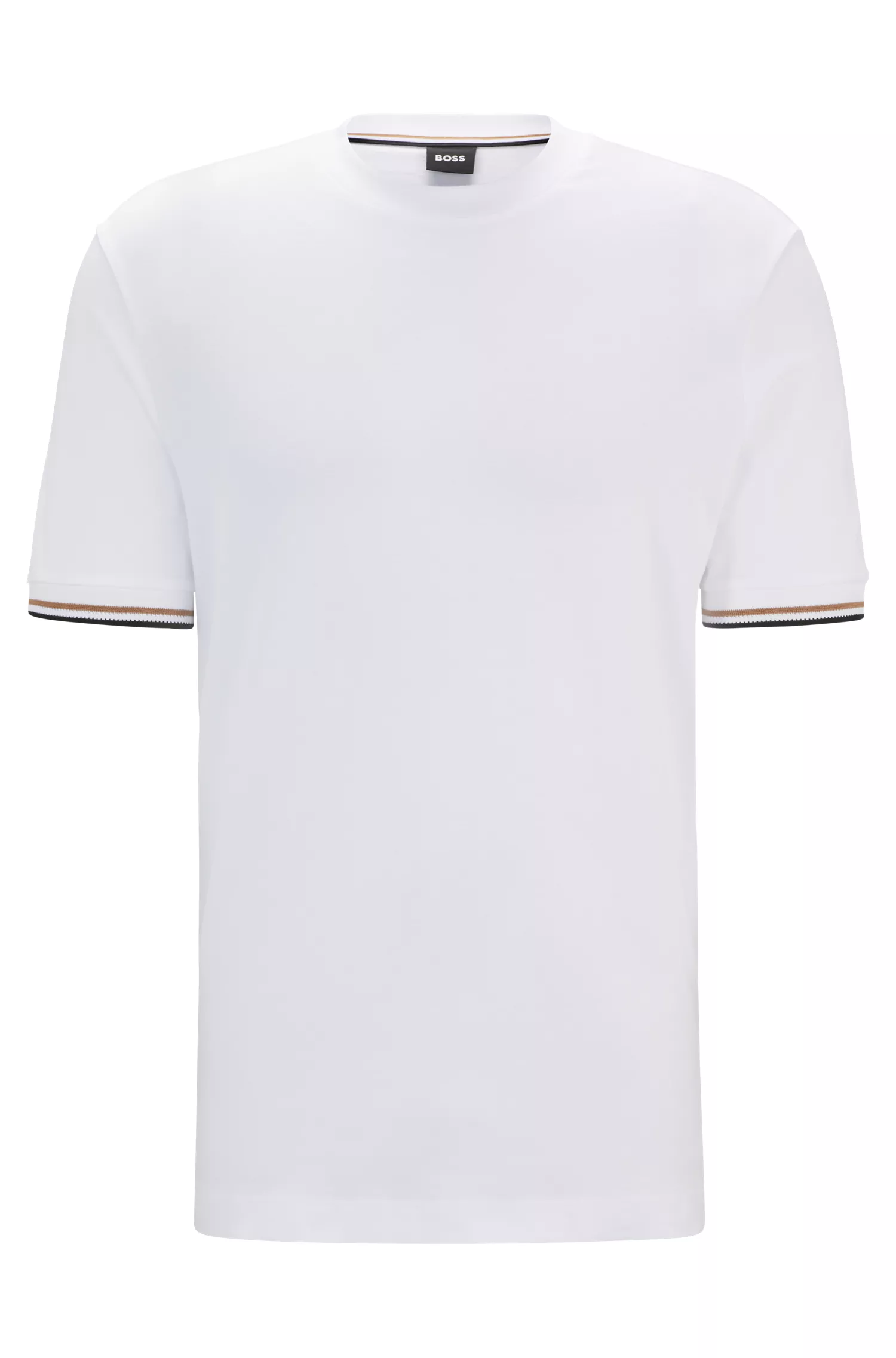 Camiseta BOSS preta em malha de algodão com punhos listrados exclusivos.