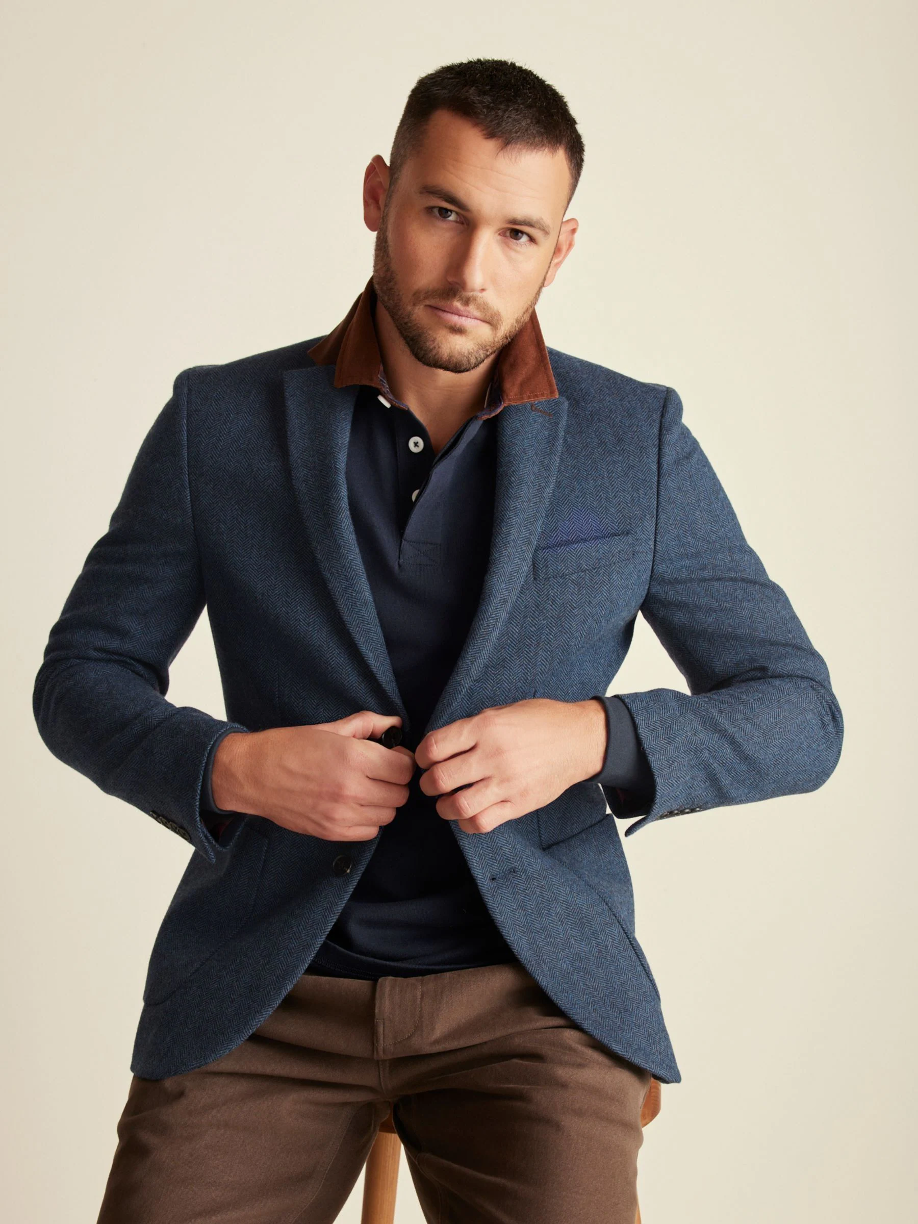 Blauw - Slim Fit - Blazer met visgraatmotief en hoog wolgehalte